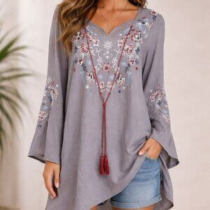 Cedar Rose Embroidered Floral Boho Tunic Top Women’s Small Long Sleeve - New
